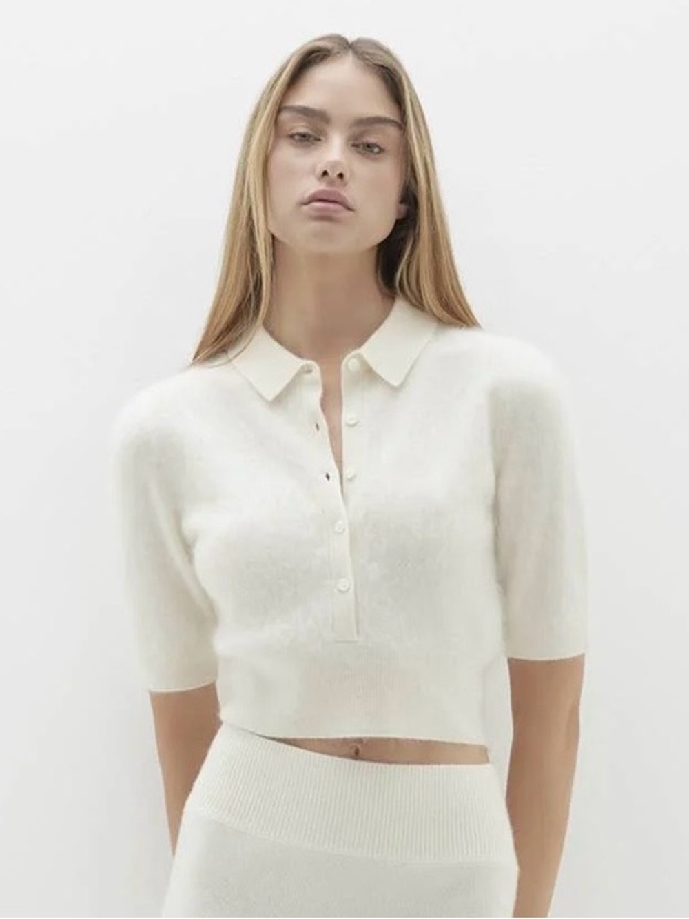 NWT Naked Cashmere Brushed Cashmere Polo Elbow Sleeve Sweater Ivory Ecru M/L - Picture 5 of 14